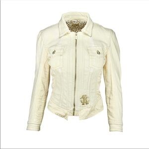 VTG Roberto Cavalli Denim & Silk Panelling Jean Jacket w Zipper Gold Logo Sz 42